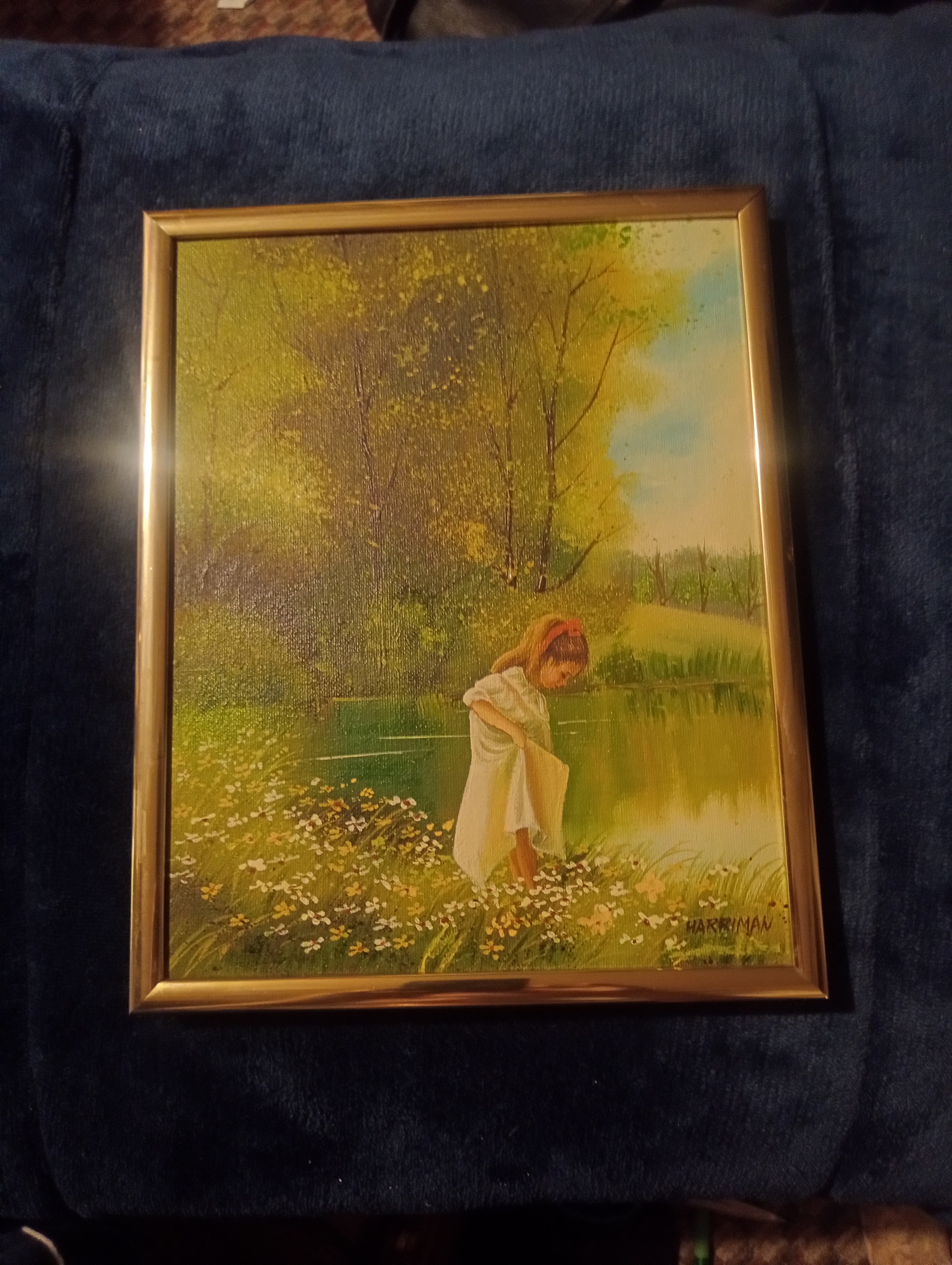Harriman Original Oil Painting – Girl by the Pond, Framed