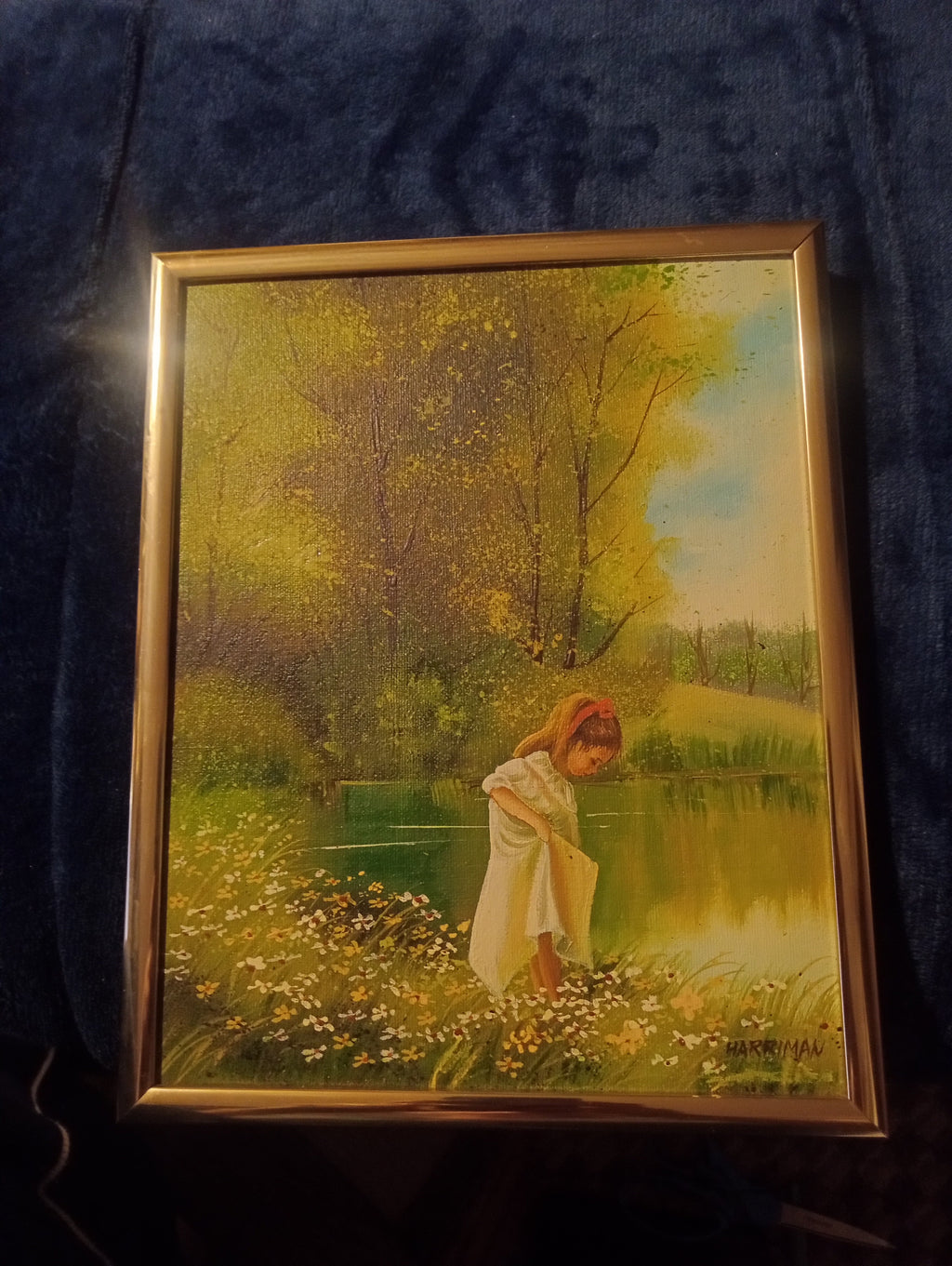 Harriman Original Oil Painting – Girl by the Pond, Framed