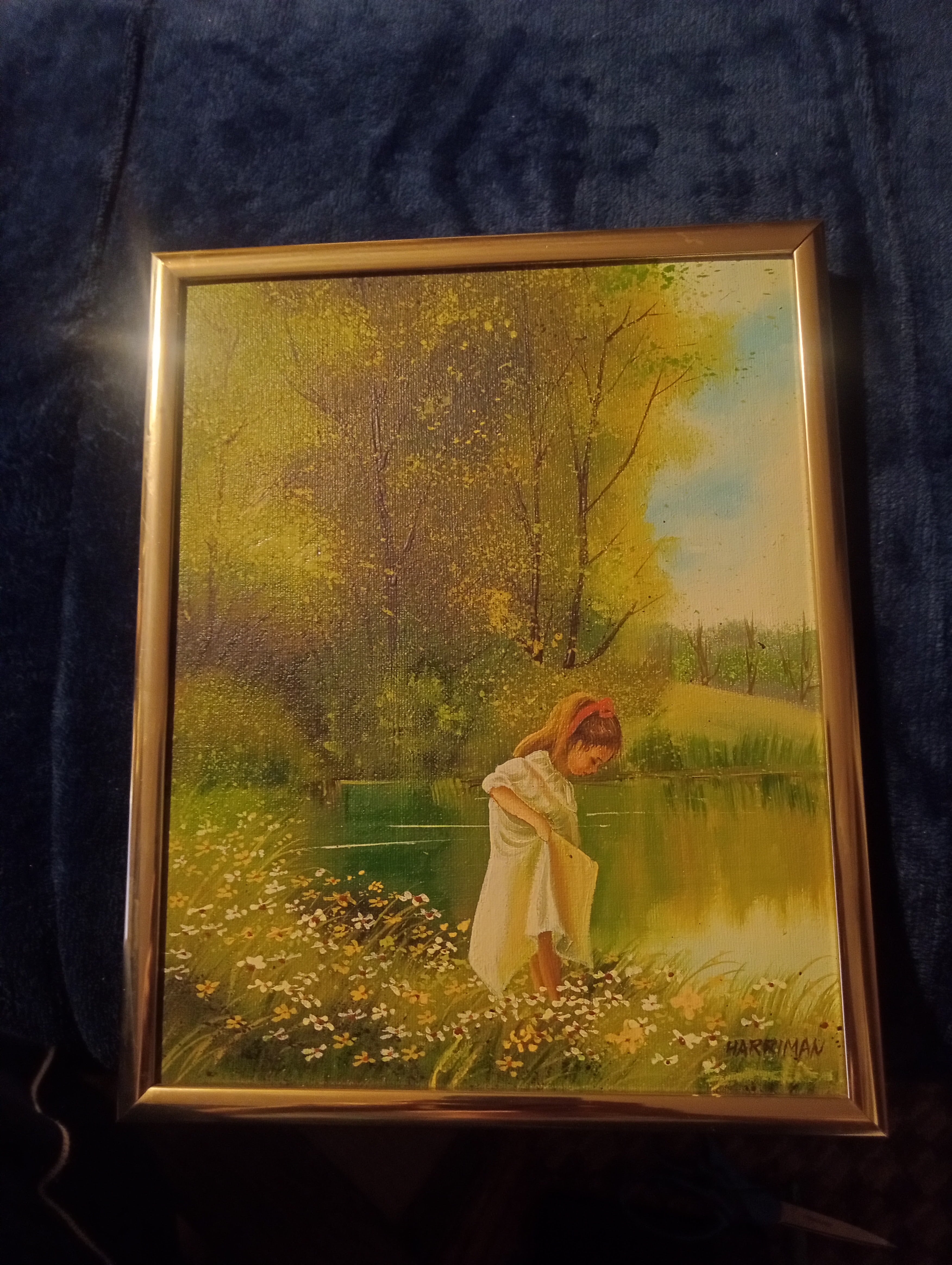 Harriman Original Oil Painting – Girl by the Pond, Framed