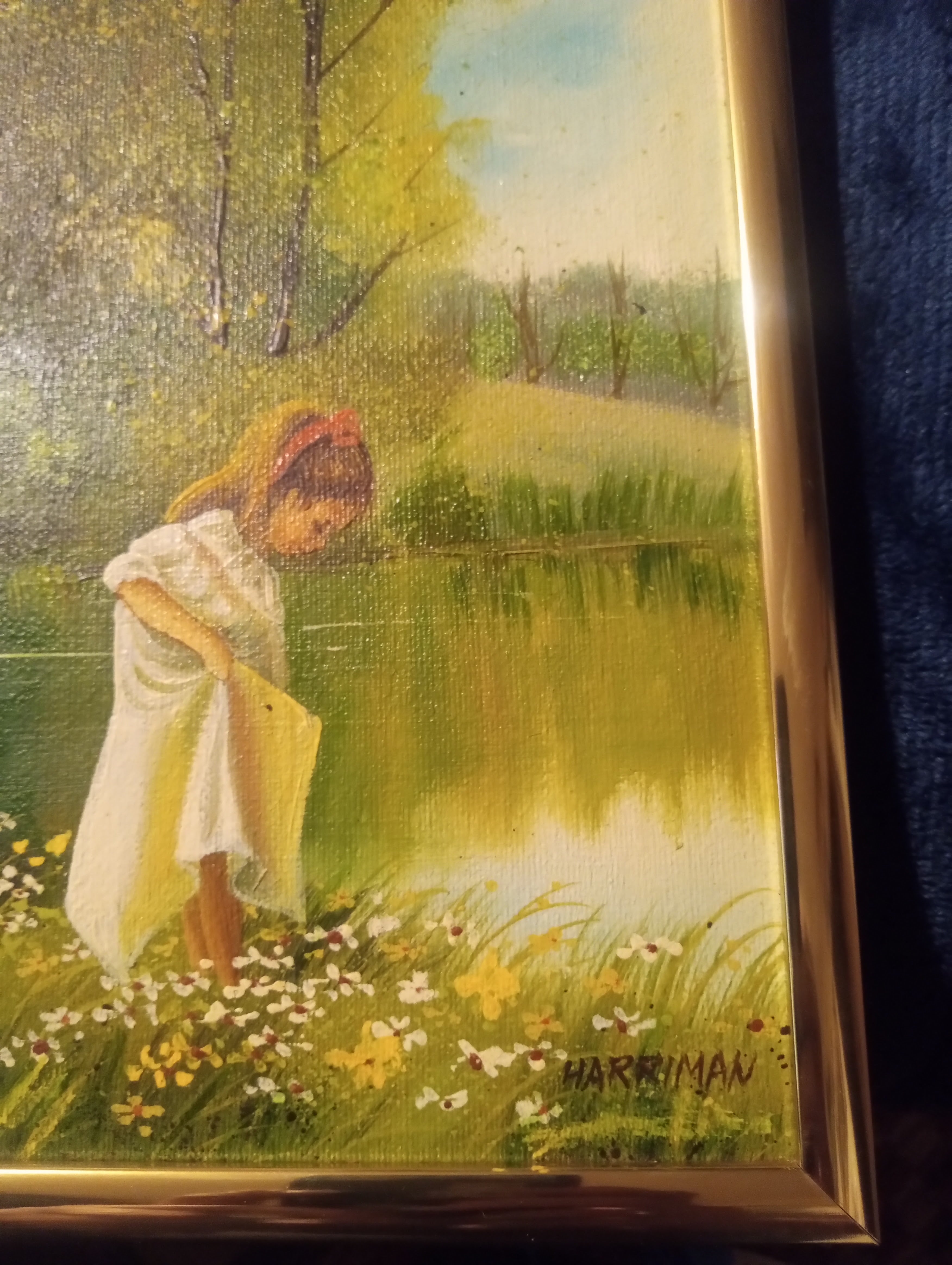 Harriman Original Oil Painting – Girl by the Pond, Framed