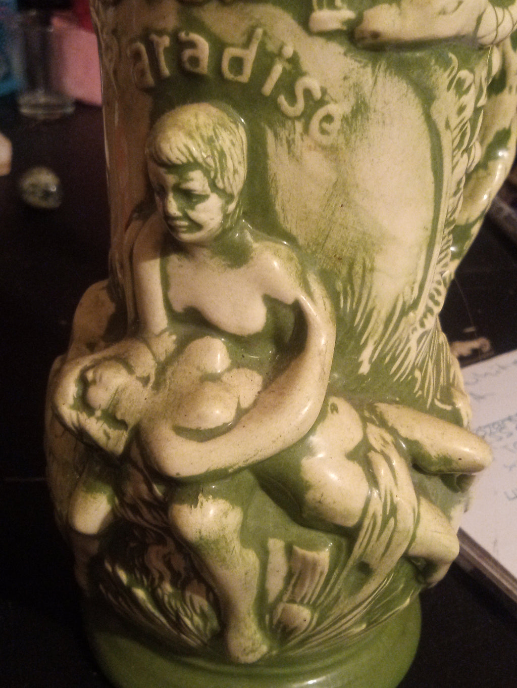Antique Green Art Nouveau Figural Beer Stein — Climbing Figure Handle, Lidded, Maker's Marks