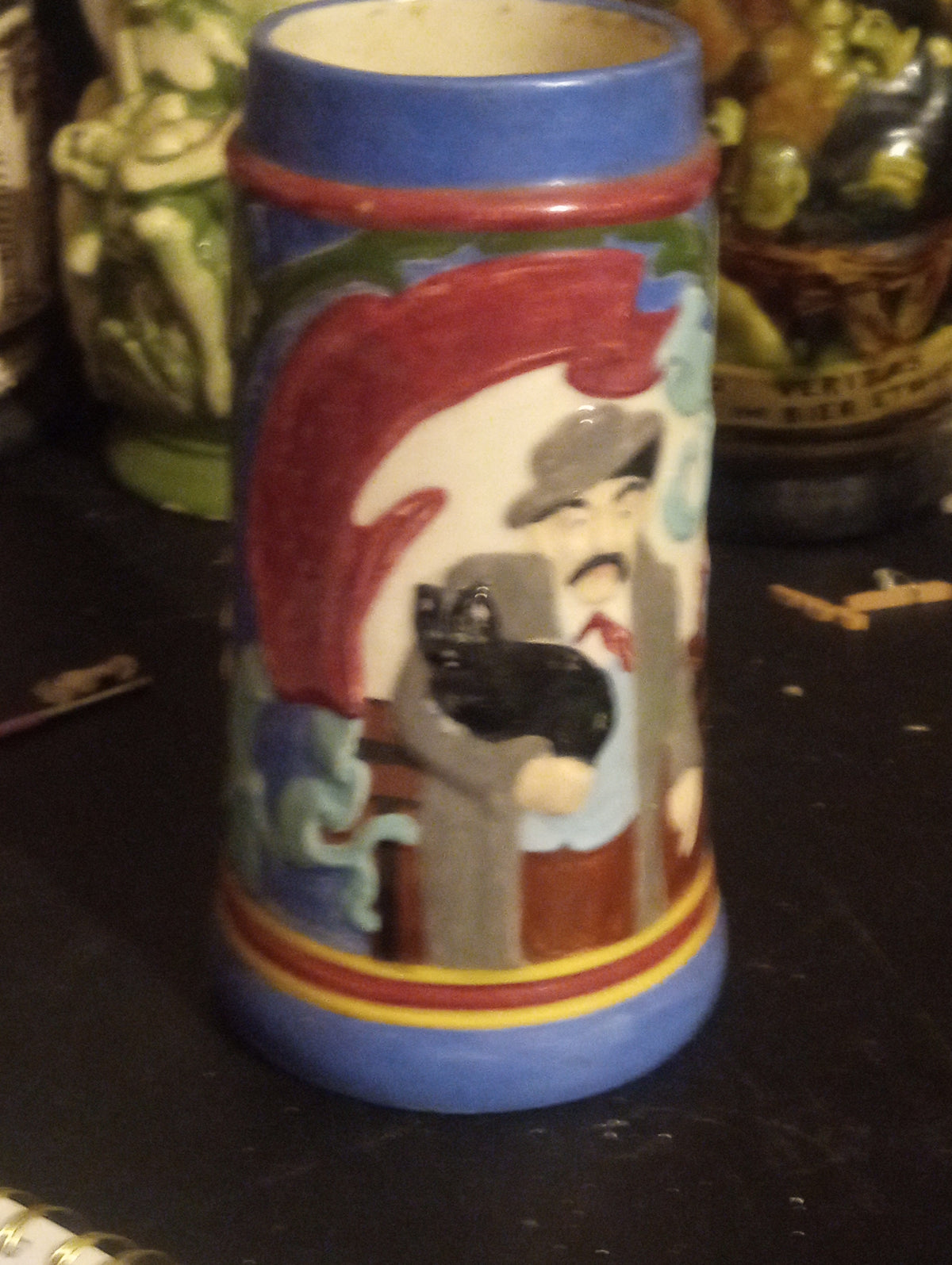 Vintage Cobalt Blue Sunflower Pitcher — Folk Art Style, Painted Floral & Figure Scene