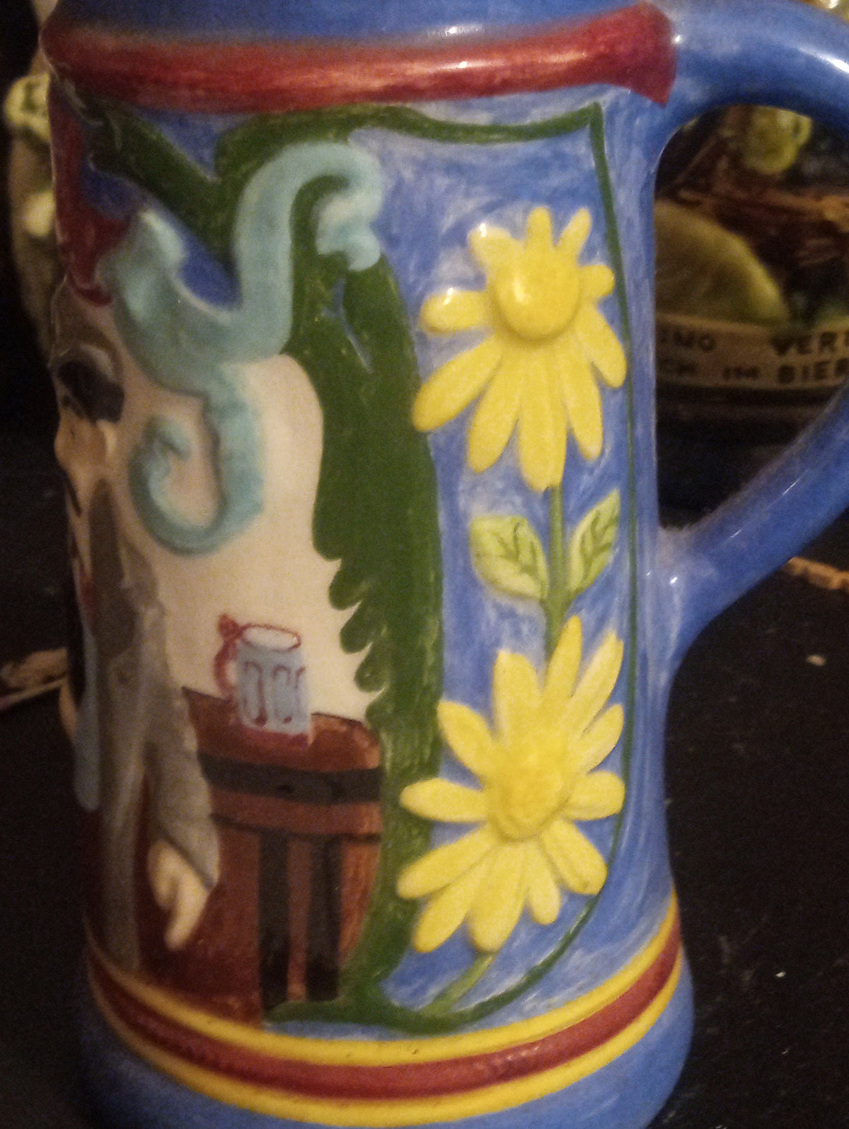 Vintage Cobalt Blue Sunflower Pitcher — Folk Art Style, Painted Floral & Figure Scene