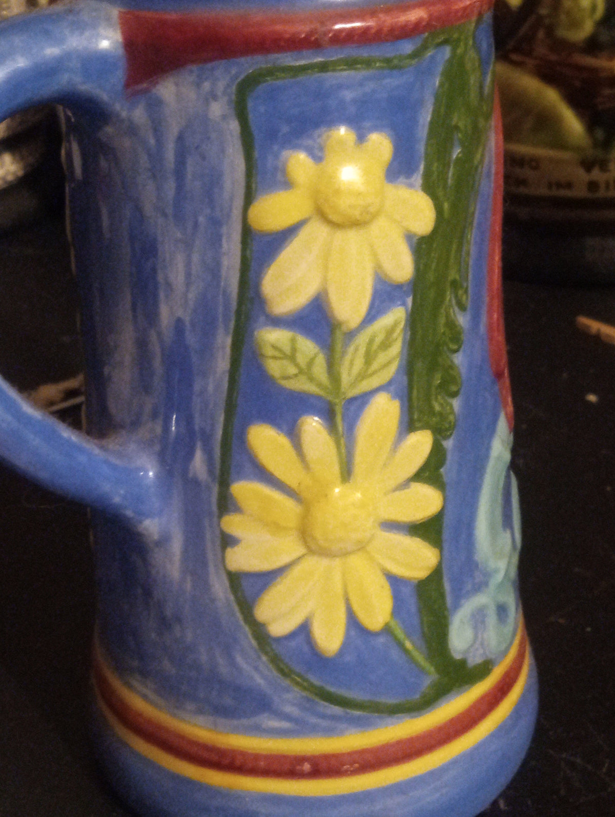 Vintage Cobalt Blue Sunflower Pitcher — Folk Art Style, Painted Floral & Figure Scene