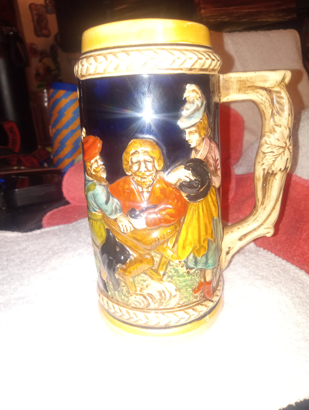Vintage Colorful Folk Art Beer Stein — Multicolor Figures, Ornate Handle